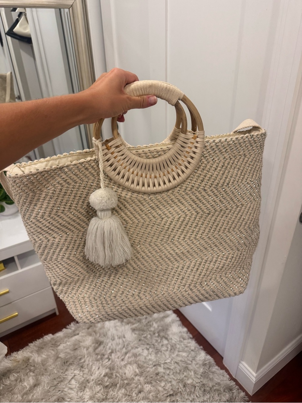Woven Tassel Tote Bag in Natural Beige